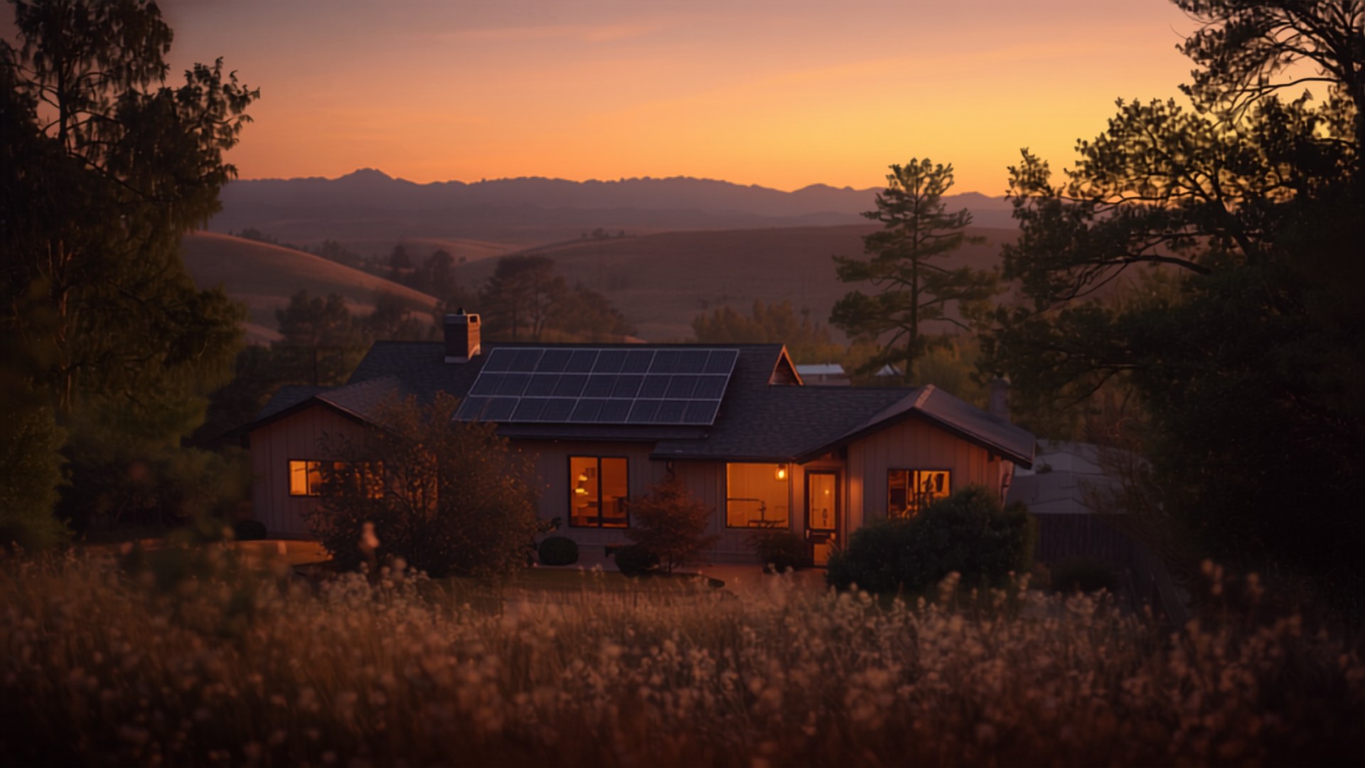 A Northern California home at dusk with its lights on